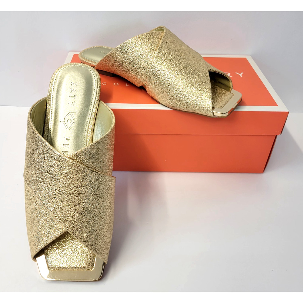 Katy Perry Slide Sandals Shoes Womens 6.5M Champagne Shimmer Metallic Square